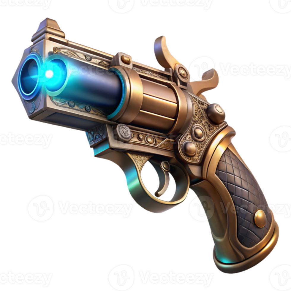 elegant traditional beautiful creative A detailed steampunk pistol, ornate engravings and glowing crystals embedded in the handle, dramatic spotlight from above authentic detailed png
