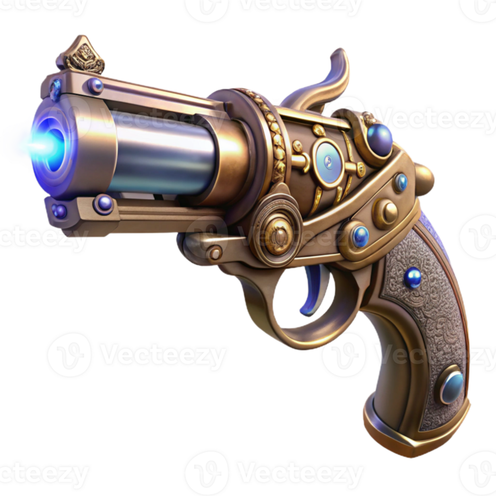 beautiful creative serene artistic A detailed steampunk pistol, ornate engravings and glowing crystals embedded in the handle, dramatic spotlight from above detailed authentic png