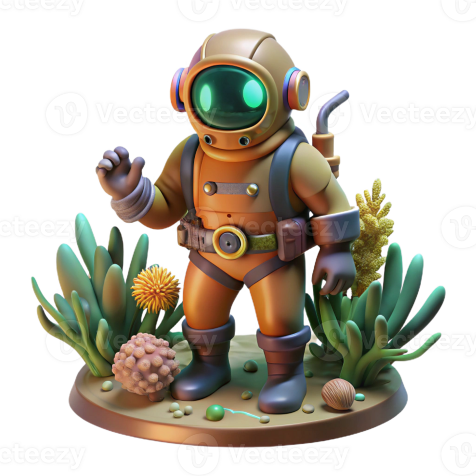 vibrant minimalist dramatic abstract A steampunk diver in a copper diving suit exploring a coral reef, bioluminescent plants and creatures, mysterious, underwater lighting authentic genuine png