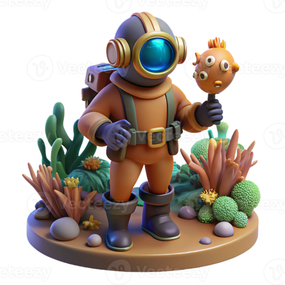 außergewöhnlich minimalistisch heiter abstrakt ein Steampunk Taucher im ein Kupfer Tauchen passen erkunden ein Koralle Riff, Biolumineszenz Pflanzen und Kreaturen, mysteriös, unter Wasser Beleuchtung Fachmann 4k png