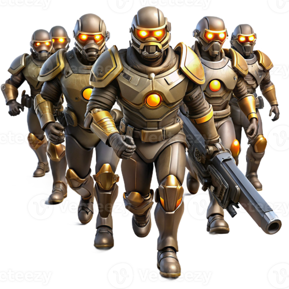 dramatic rustic elegant modern A group of steampunk soldiers in power armor, armed with futuristic weaponry, marching towards the viewer, dynamic lighting and imposing composition authentic premium png