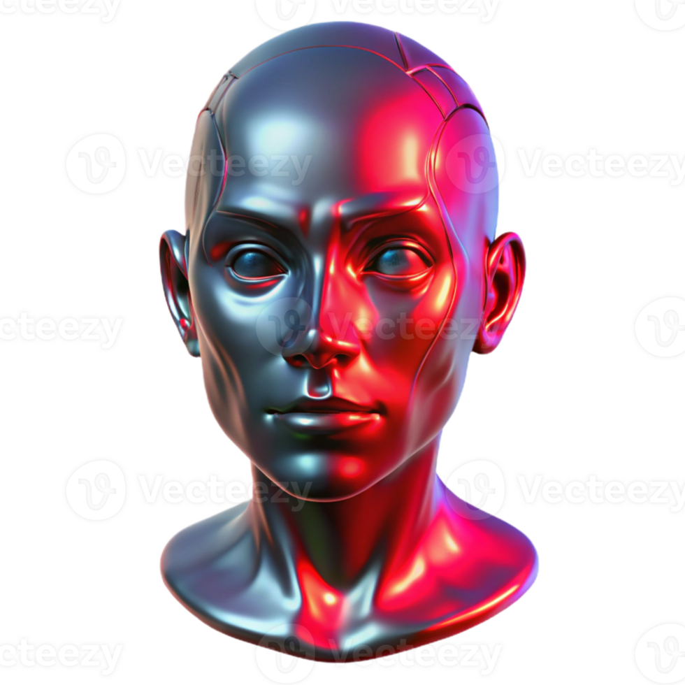 wonderful contemporary elegant artistic A holographic projection of a human face, glitching and distorting, bathed in a red light, cyberpunk horror style high quality premium png
