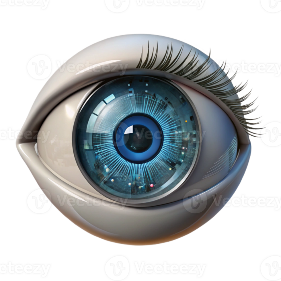 elegant minimalist extraordinary classic A close-up of a cyborg's eye, intricate circuitry visible beneath the synthetic skin, reflecting a digital cityscape, biometric art style genuine professional png