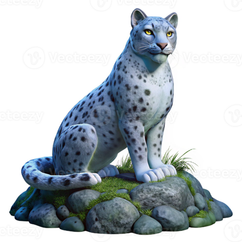 magnificent rustic magnificent contemporary A majestic snow leopard perched on a moss-covered rock, illuminated by a soft, ethereal moonlight, rendered in a hyperrealistic style professional premium png