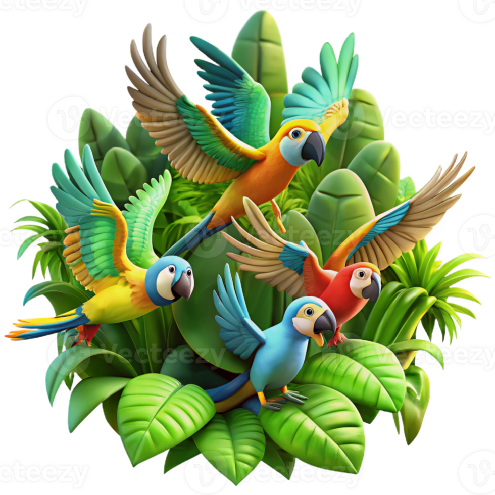 impressive rustic elegant minimalist A flock of colorful parrots in mid-flight, jungle setting with lush green foliage, dynamic and energetic composition, digital painting style 4K detailed png
