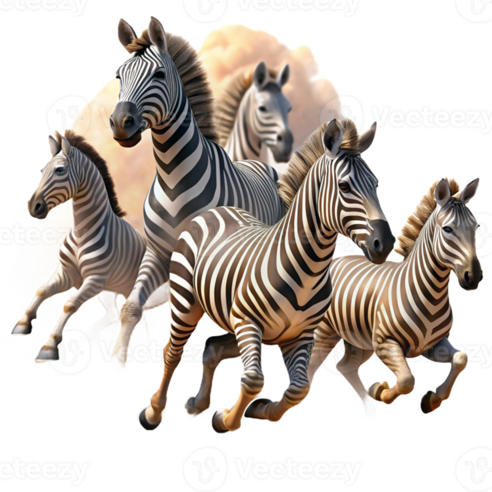beautiful modern elegant traditional A herd of zebras running across the savanna, dust clouds billowing behind them, dynamic and powerful composition, wildlife photography style authentic genuine png