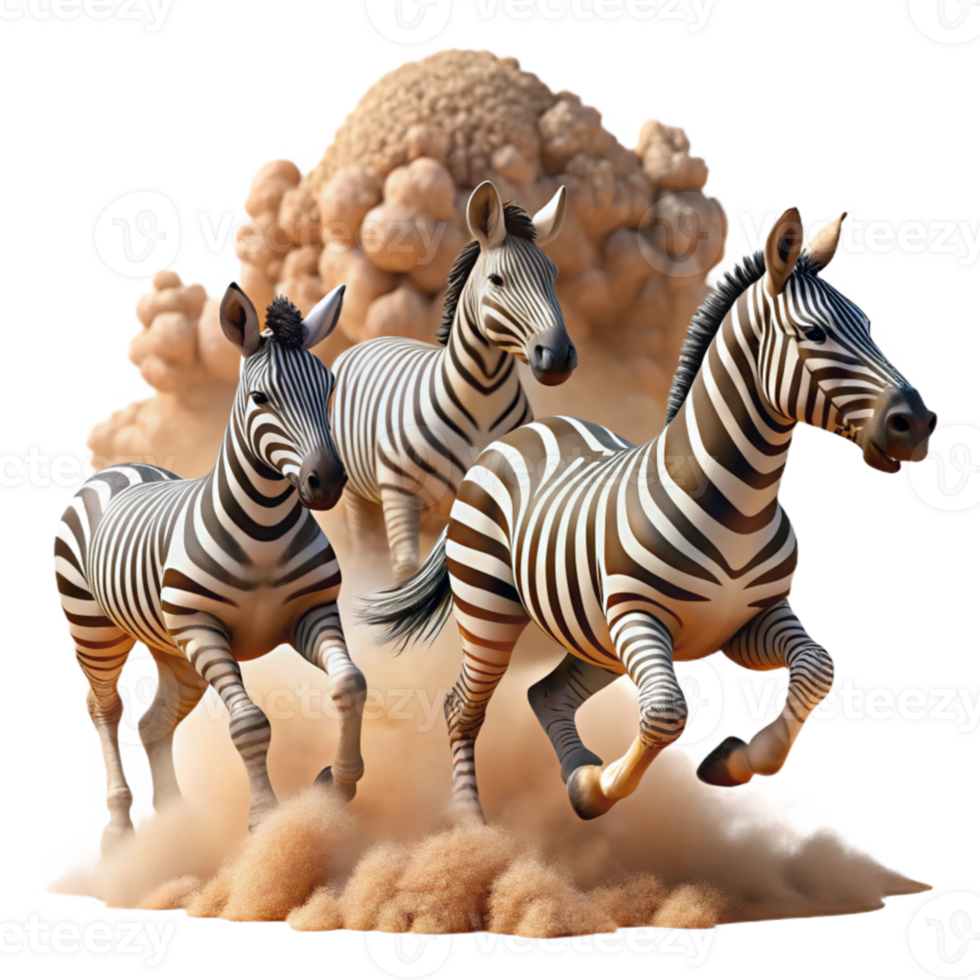 impressive creative wonderful artistic A herd of zebras running across the savanna, dust clouds billowing behind them, dynamic and powerful composition, wildlife photography style exclusive 4K png
