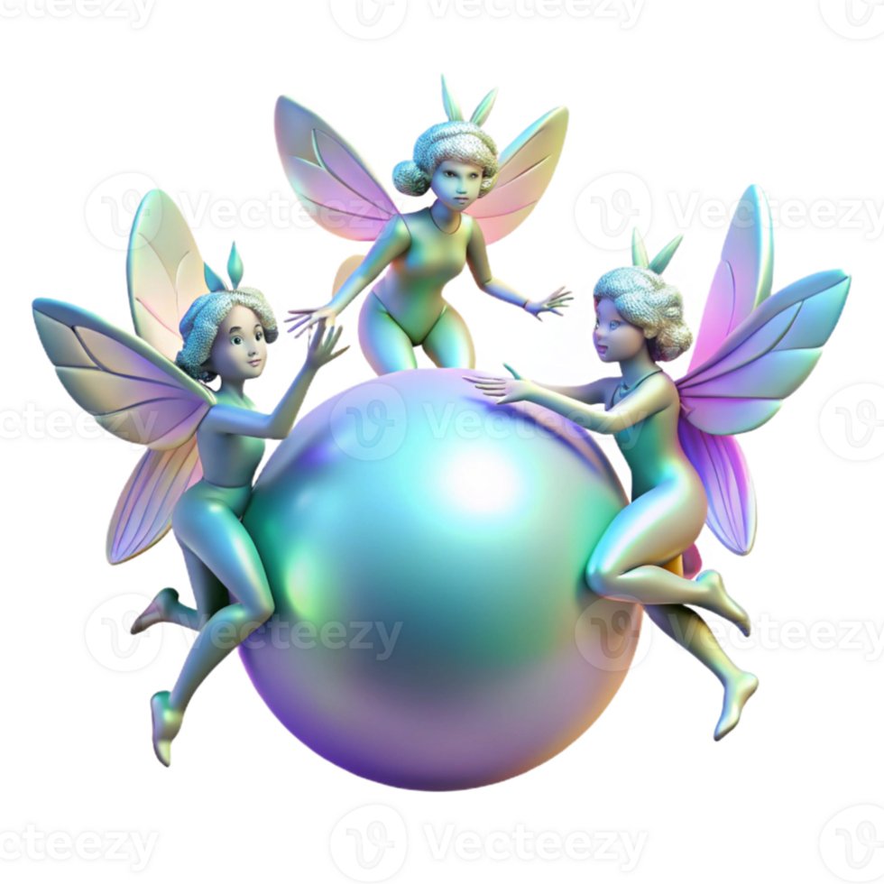 vibrant classic serene modern A group of playful, winged sprites dancing around a glowing, spherical orb of pure light. Art Nouveau style, iridescent colors high quality authentic png