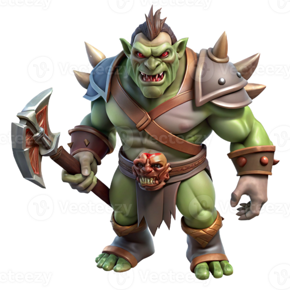 beautiful classic beautiful modern A fierce orc chieftain with war paint and tusks protruding from his lower jaw, wielding a massive, bloodstained axe. Grimdark, dramatic lighting authentic exclusive png