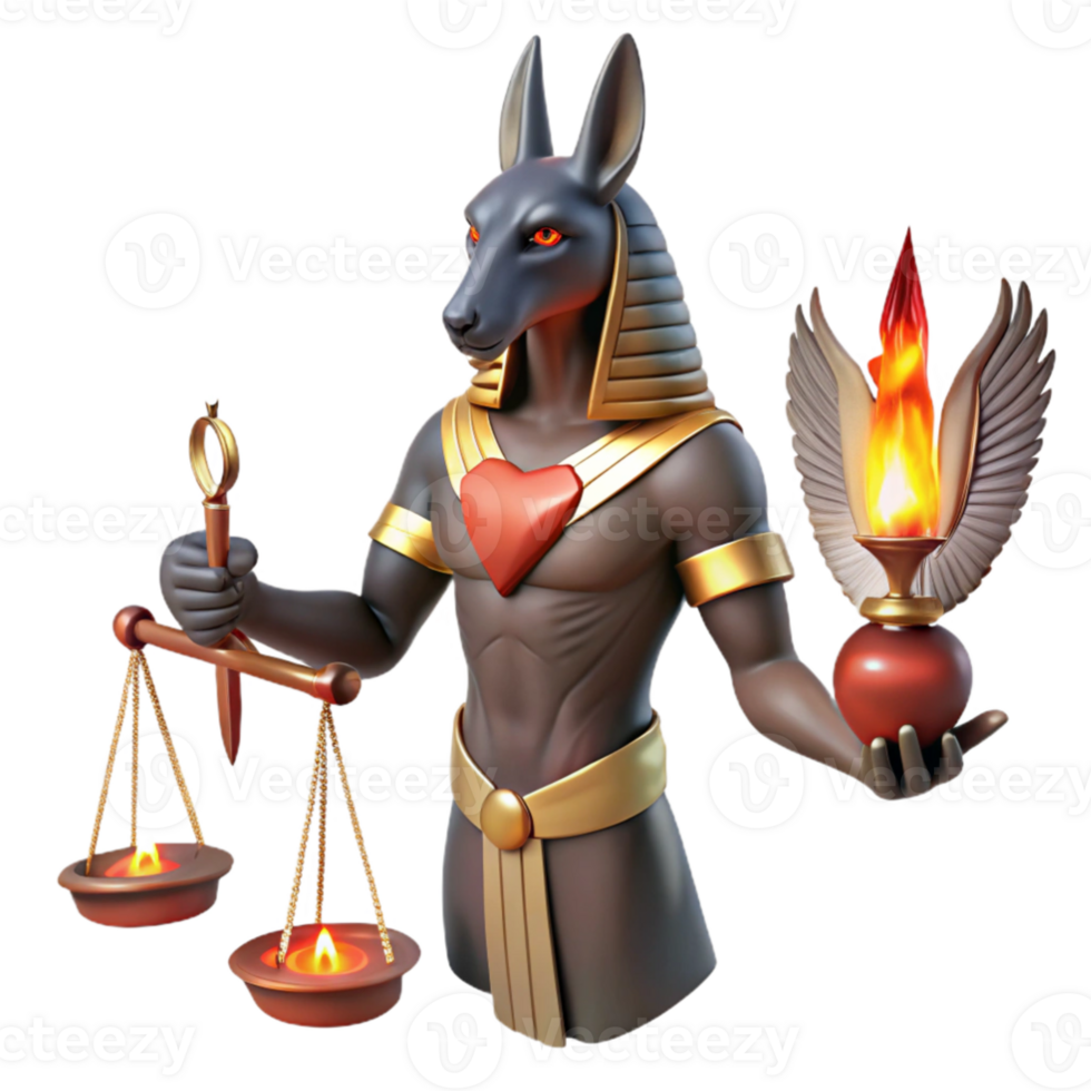 impressive vintage wonderful rustic Anubis weighing a human heart against a feather in the Duat, ancient Egyptian murals style, dim torchlight, eerie atmosphere exclusive detailed png