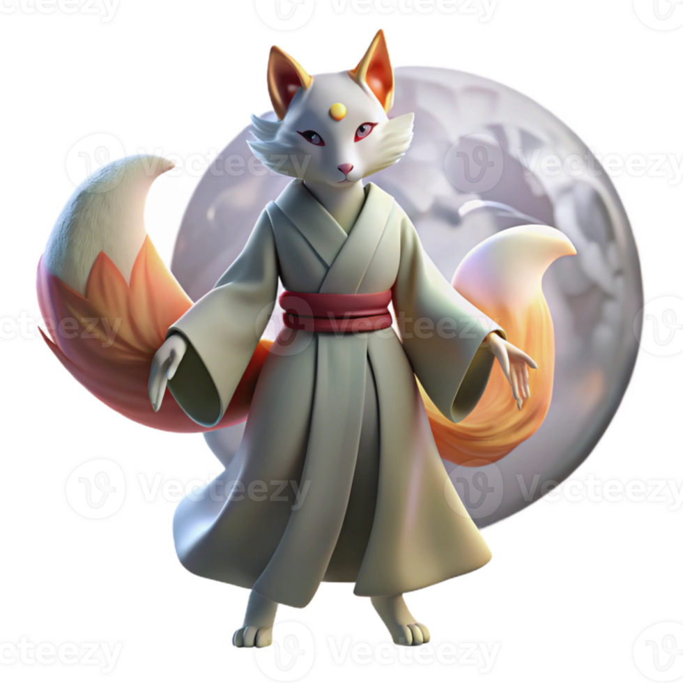 magnificent creative dramatic creative A kitsune transforming from a fox into a human under a full moon, Japanese mythology, soft lighting, ethereal style, flowing silk detailed premium png