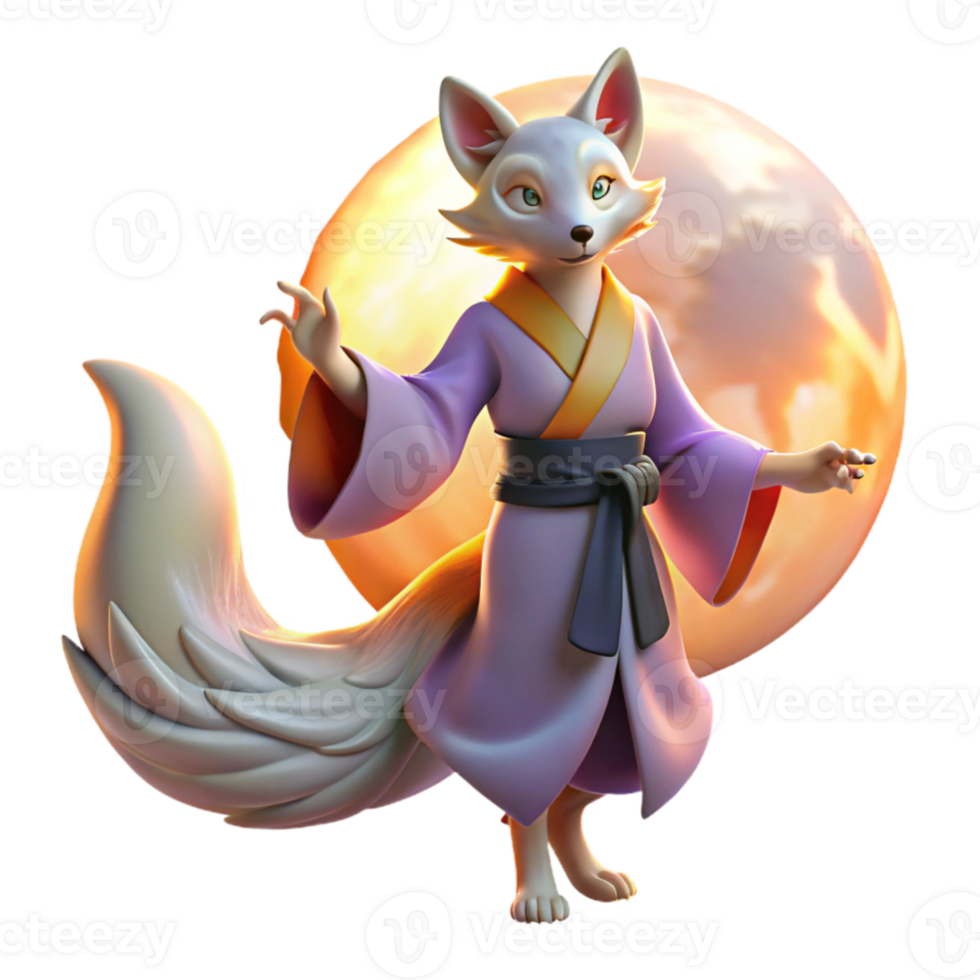 serene minimalist vibrant rustic A kitsune transforming from a fox into a human under a full moon, Japanese mythology, soft lighting, ethereal style, flowing silk detailed high quality png
