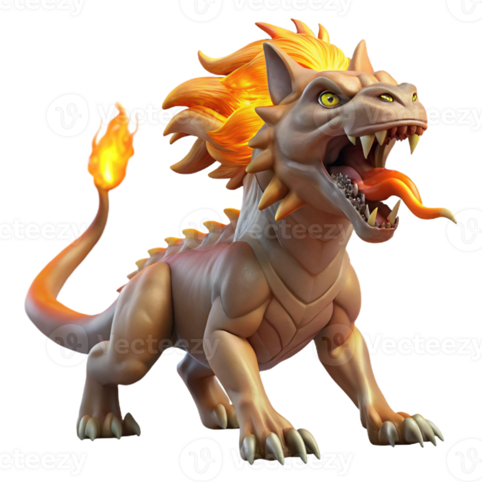 beautiful modern elegant minimalist A chimera breathing fire, Greek mythology, dramatic lighting, hyperrealistic style, detailed scales and fur, fiery background glow professional original png