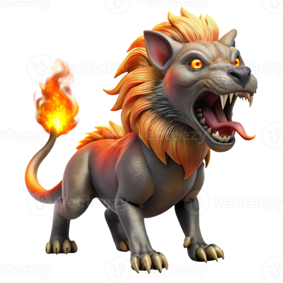 beautiful abstract extraordinary modern A chimera breathing fire, Greek mythology, dramatic lighting, hyperrealistic style, detailed scales and fur, fiery background glow original high quality png