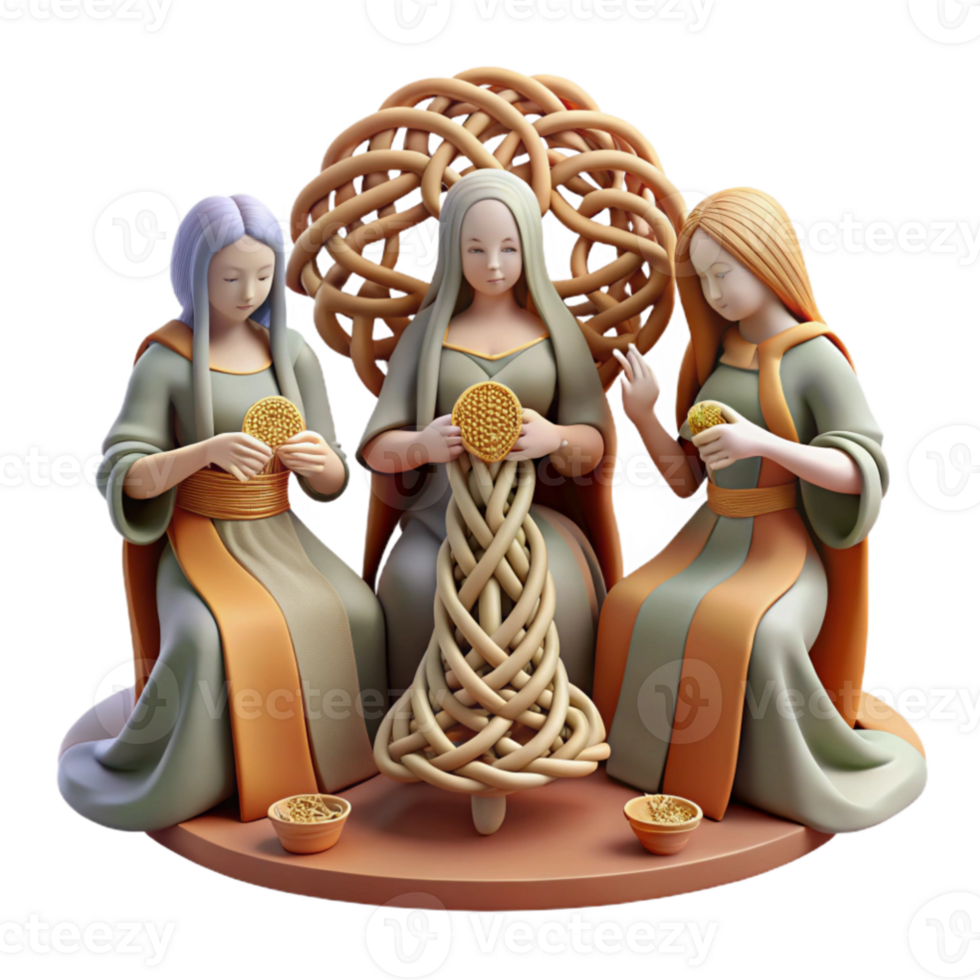 extraordinary abstract impressive contemporary The Norns weaving the threads of fate beneath Yggdrasil, Norse mythology, muted colors, intricate details, tapestry-like style genuine original png