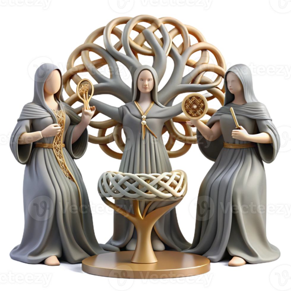 magnificent minimalist vibrant contemporary The Norns weaving the threads of fate beneath Yggdrasil, Norse mythology, muted colors, intricate details, tapestry-like style original genuine png