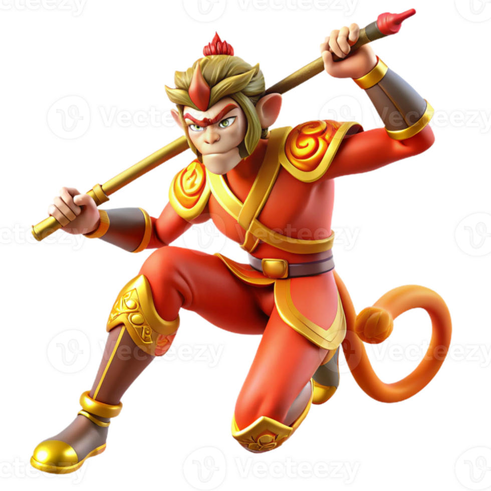 stunning abstract beautiful traditional Sun Wukong, the Monkey King, battling a celestial soldier, Chinese mythology, vibrant colors, dynamic pose, comic book style detailed premium png