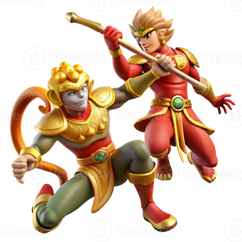 wonderful rustic dramatic modern Sun Wukong, the Monkey King, battling a celestial soldier, Chinese mythology, vibrant colors, dynamic pose, comic book style exclusive genuine png
