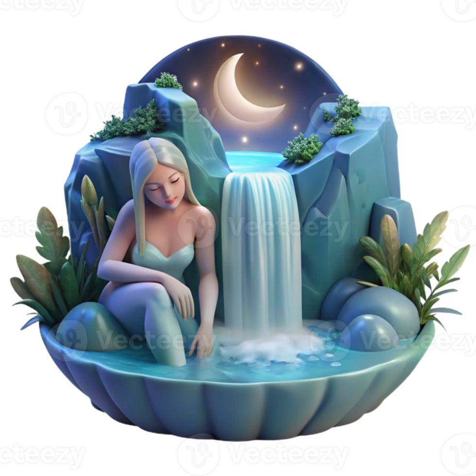 serene traditional impressive traditional A celestial nymph bathing in a moonlit waterfall, Greek mythology, soft lighting, pre-Raphaelite style, ethereal beauty detailed exclusive png