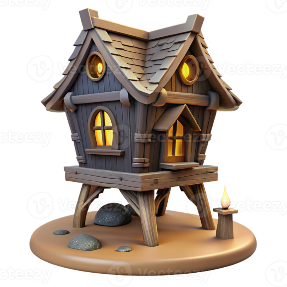 extraordinary rustic wonderful traditional Baba Yaga's hut standing on chicken legs in a dark forest, Slavic mythology, ominous atmosphere, dark lighting, detailed wood carvings detailed 4K png