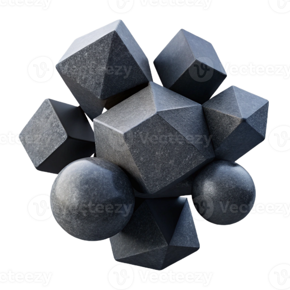 elegant contemporary beautiful rustic A cluster of floating, geometric shapes, rendered in matte black and textured concrete, with a stark, minimalist lighting style original genuine png