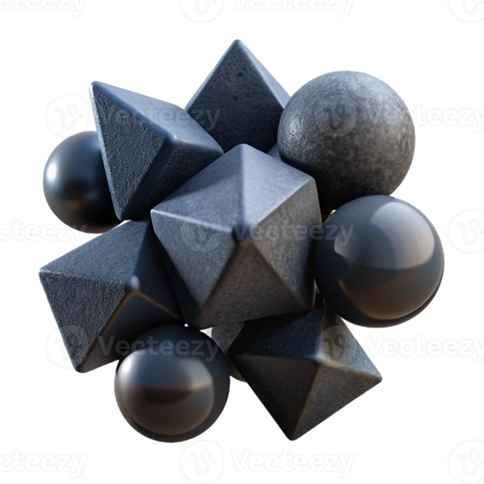 stunning classic magnificent artistic A cluster of floating, geometric shapes, rendered in matte black and textured concrete, with a stark, minimalist lighting style 4K exclusive png