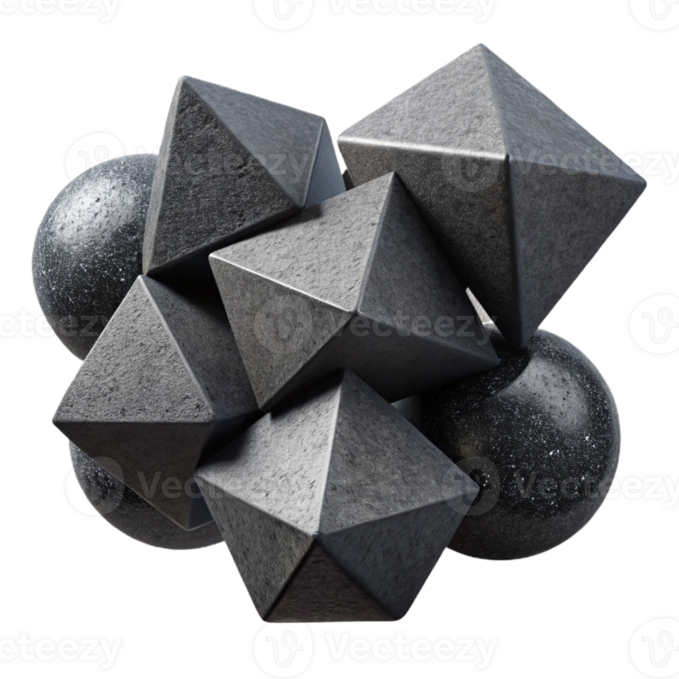 magnificent classic impressive creative A cluster of floating, geometric shapes, rendered in matte black and textured concrete, with a stark, minimalist lighting style authentic detailed png