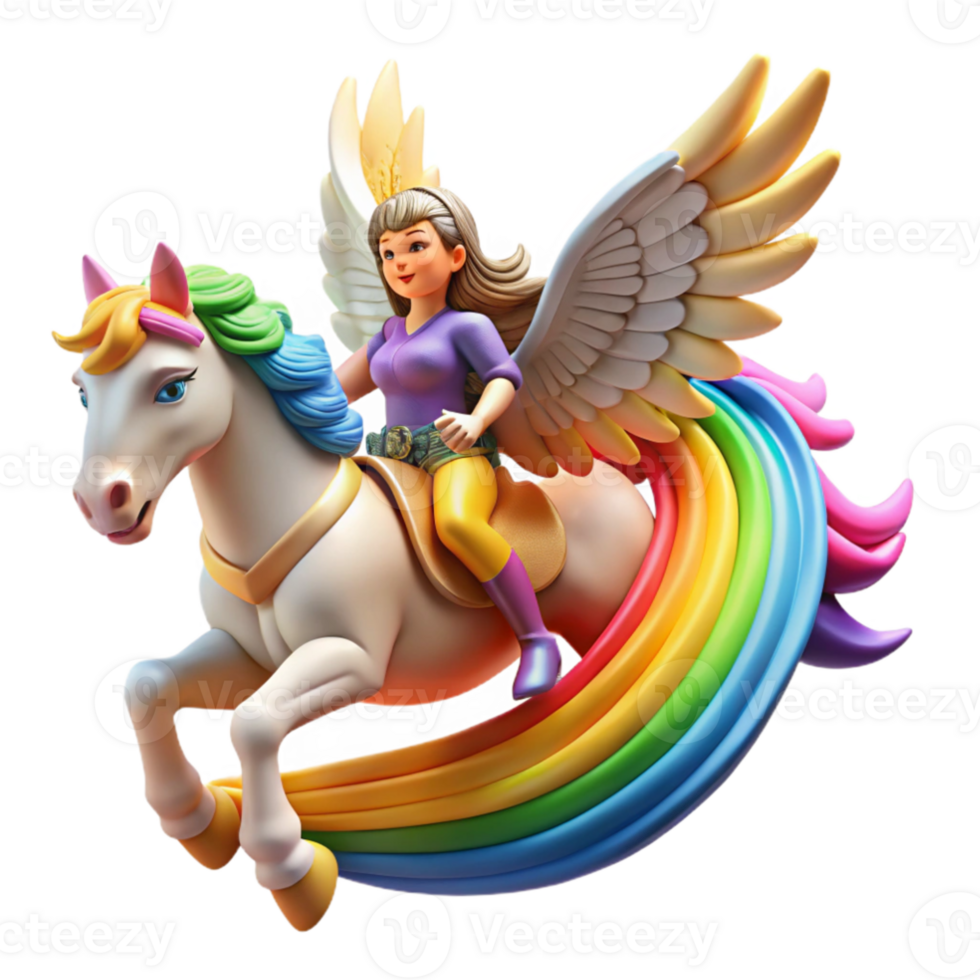 wonderful creative beautiful minimalist A fierce Valkyrie riding a winged horse across a rainbow bridge, vibrant and colorful, Art Nouveau style high resolution exclusive png