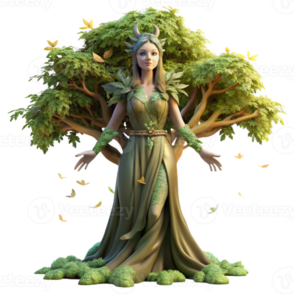 stunning abstract stunning modern An ethereal dryad emerging from a giant oak tree, dappled sunlight filtering through the leaves, covered in moss and vines, Pre-Raphaelite style 4K original png