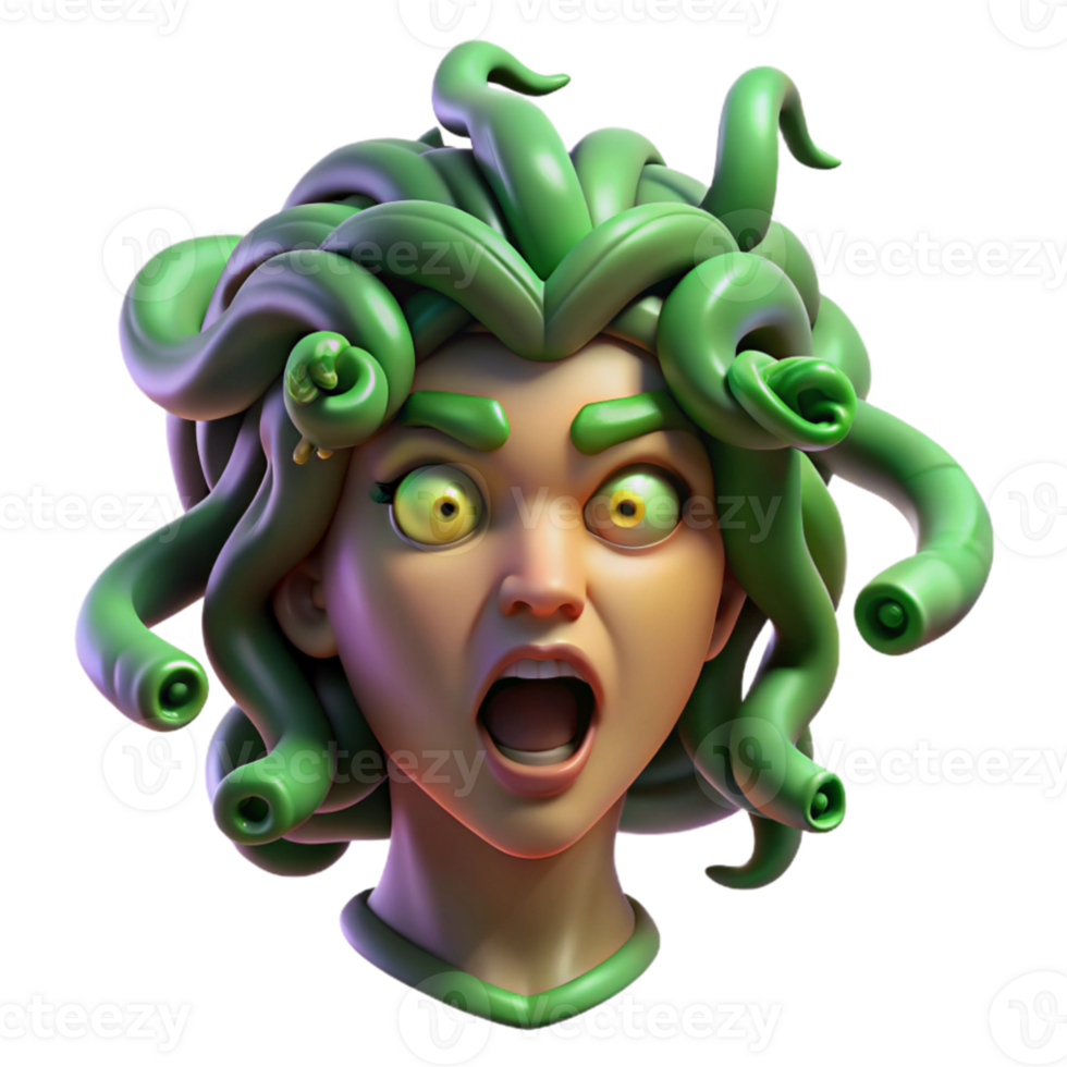 dramatic contemporary beautiful minimalist Medusa's head, snakes writhing and hissing, eyes glowing with an eerie green light, close-up portrait, dark fantasy style high quality detailed png
