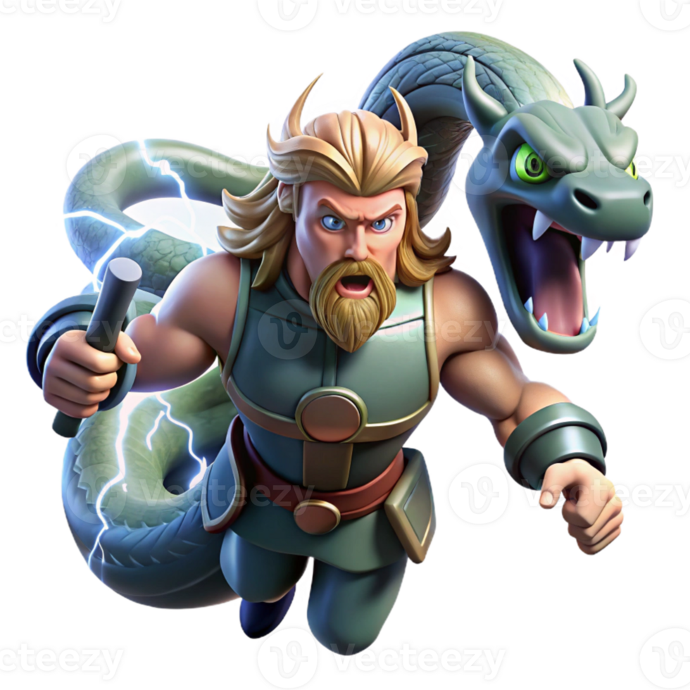 impressive creative serene traditional Thor battling Jormungandr, lightning illuminating the stormy sky, epic scale, comic book style premium detailed png
