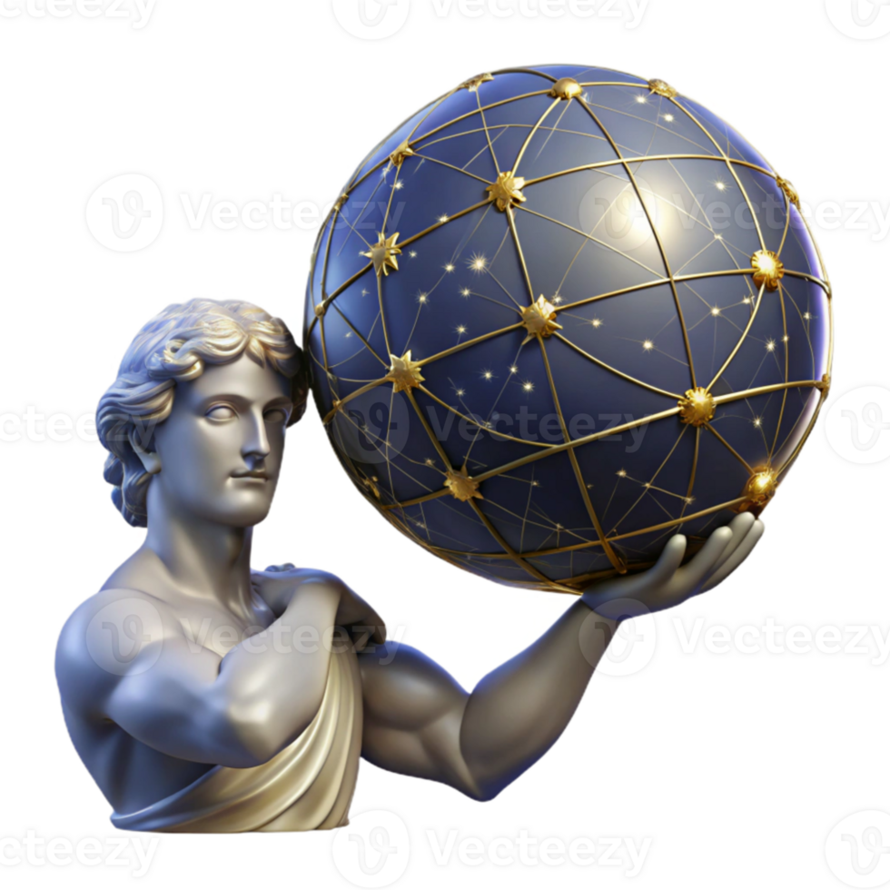 dramatic abstract beautiful contemporary A stoic Atlas holding the celestial sphere, intricate constellations glowing on its surface, low angle shot, neoclassical style original 4K png