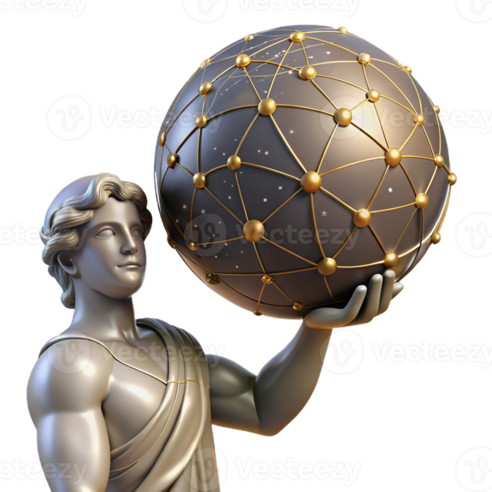 stunning minimalist elegant minimalist A stoic Atlas holding the celestial sphere, intricate constellations glowing on its surface, low angle shot, neoclassical style authentic detailed png