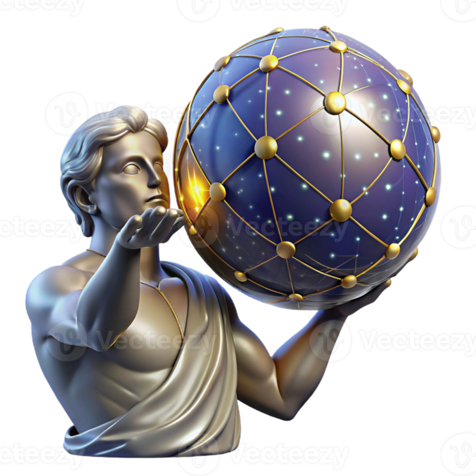 extraordinary artistic beautiful creative A stoic Atlas holding the celestial sphere, intricate constellations glowing on its surface, low angle shot, neoclassical style detailed original png