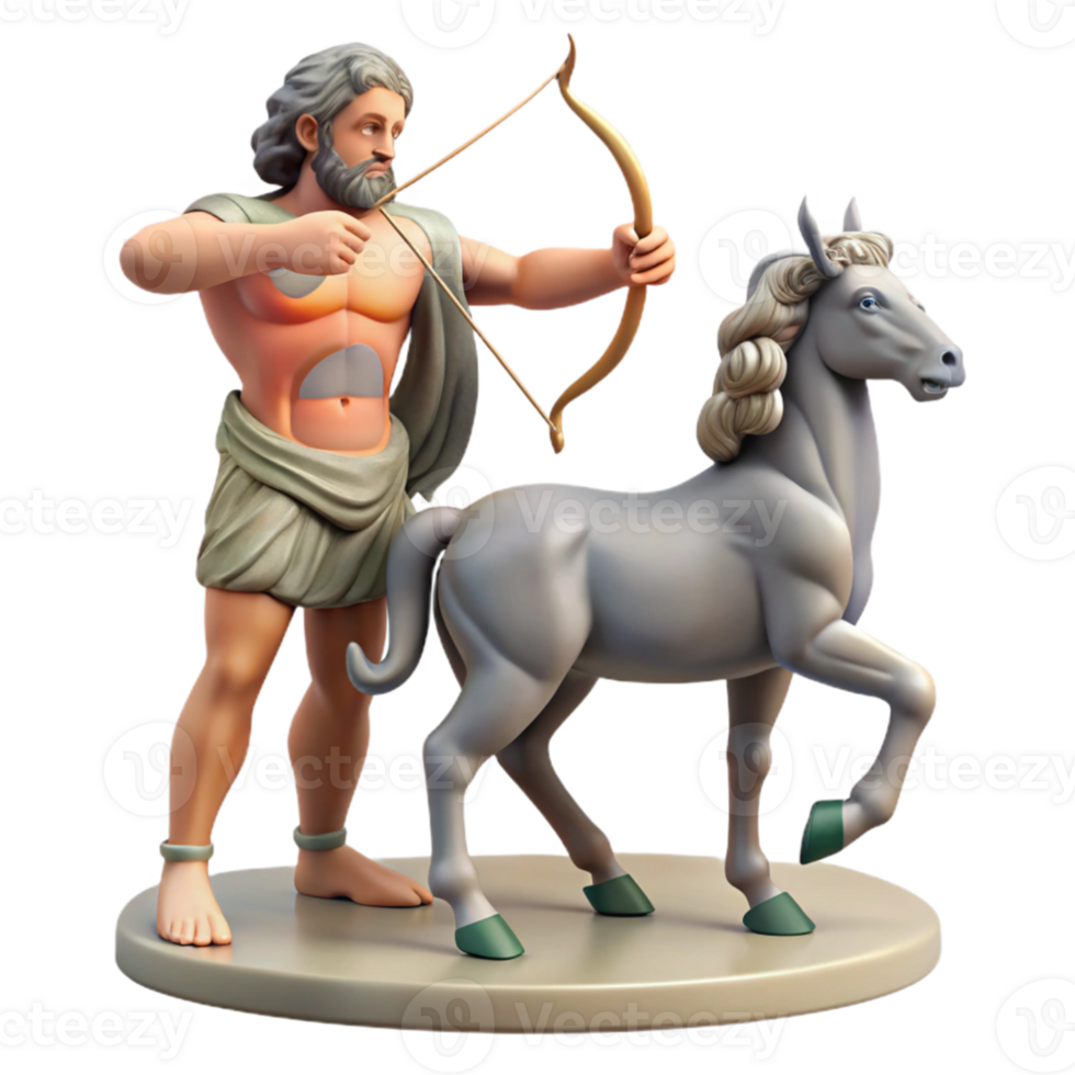 vibrant vintage extraordinary artistic A wise old centaur teaching archery to a young satyr, dappled sunlight in a forest clearing, classical Greek sculpture style high resolution exclusive png
