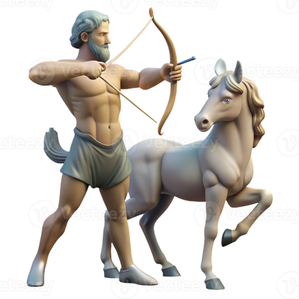 impressive rustic elegant rustic A wise old centaur teaching archery to a young satyr, dappled sunlight in a forest clearing, classical Greek sculpture style professional authentic png