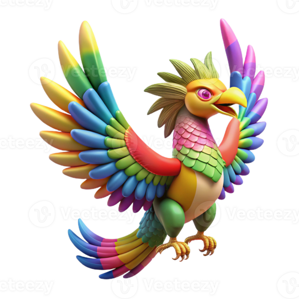 elegant artistic magnificent modern A majestic Quetzalcoatl, feathers shimmering with rainbow hues, soaring through a clear blue sky, Aztec art style genuine high quality png