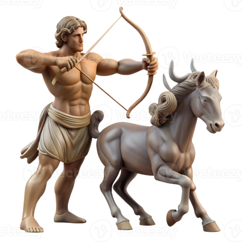 dramatic abstract extraordinary vintage A wise old centaur teaching archery to a young satyr, dappled sunlight in a forest clearing, classical Greek sculpture style genuine detailed png