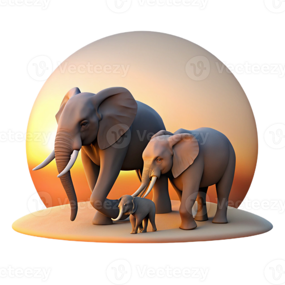 dramatic rustic impressive artistic A family of elephants walking across a dusty plain, silhouette against a setting sun, minimalist style 4K authentic png