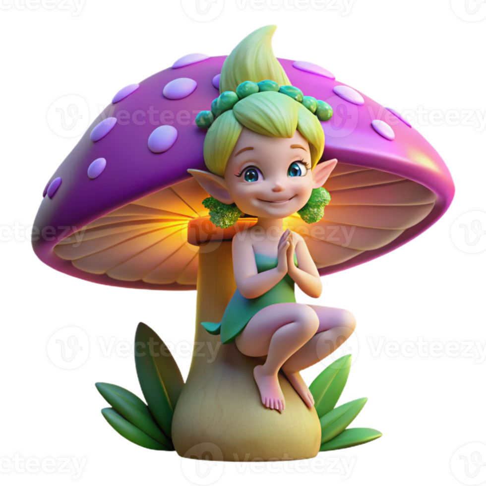 serene classic beautiful minimalist A mischievous pixie with iridescent wings hiding behind a giant, glowing mushroom in a twilight forest, digital art, hyperrealistic original authentic png