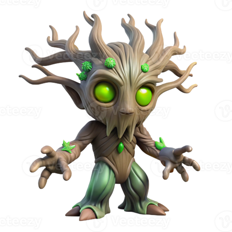 vibrant abstract serene rustic An ancient, gnarled tree spirit with glowing eyes and vines for hair, in a dimly lit enchanted forest, Greg Rutkowski style professional high resolution png