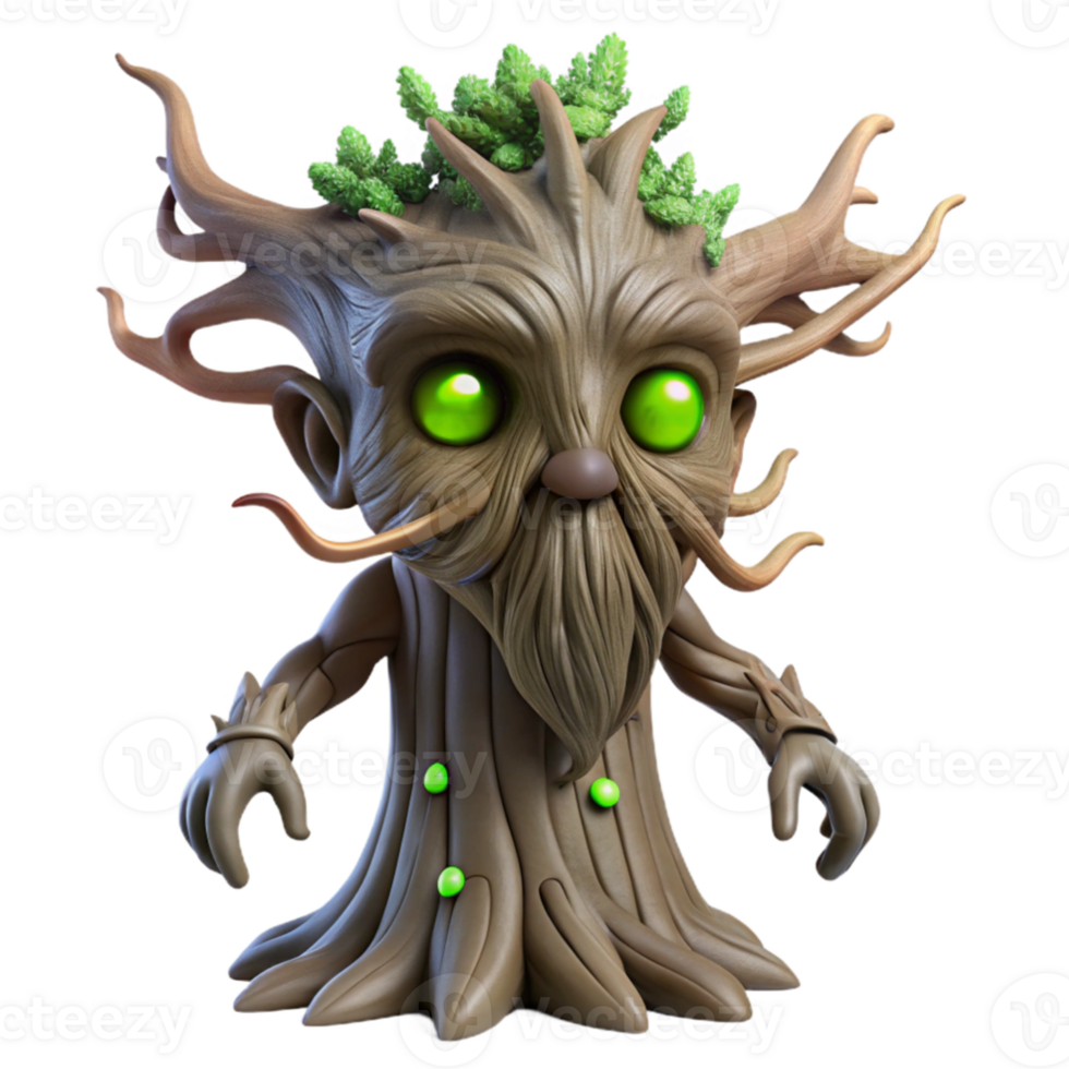 dramatic abstract magnificent creative An ancient, gnarled tree spirit with glowing eyes and vines for hair, in a dimly lit enchanted forest, Greg Rutkowski style high quality detailed png