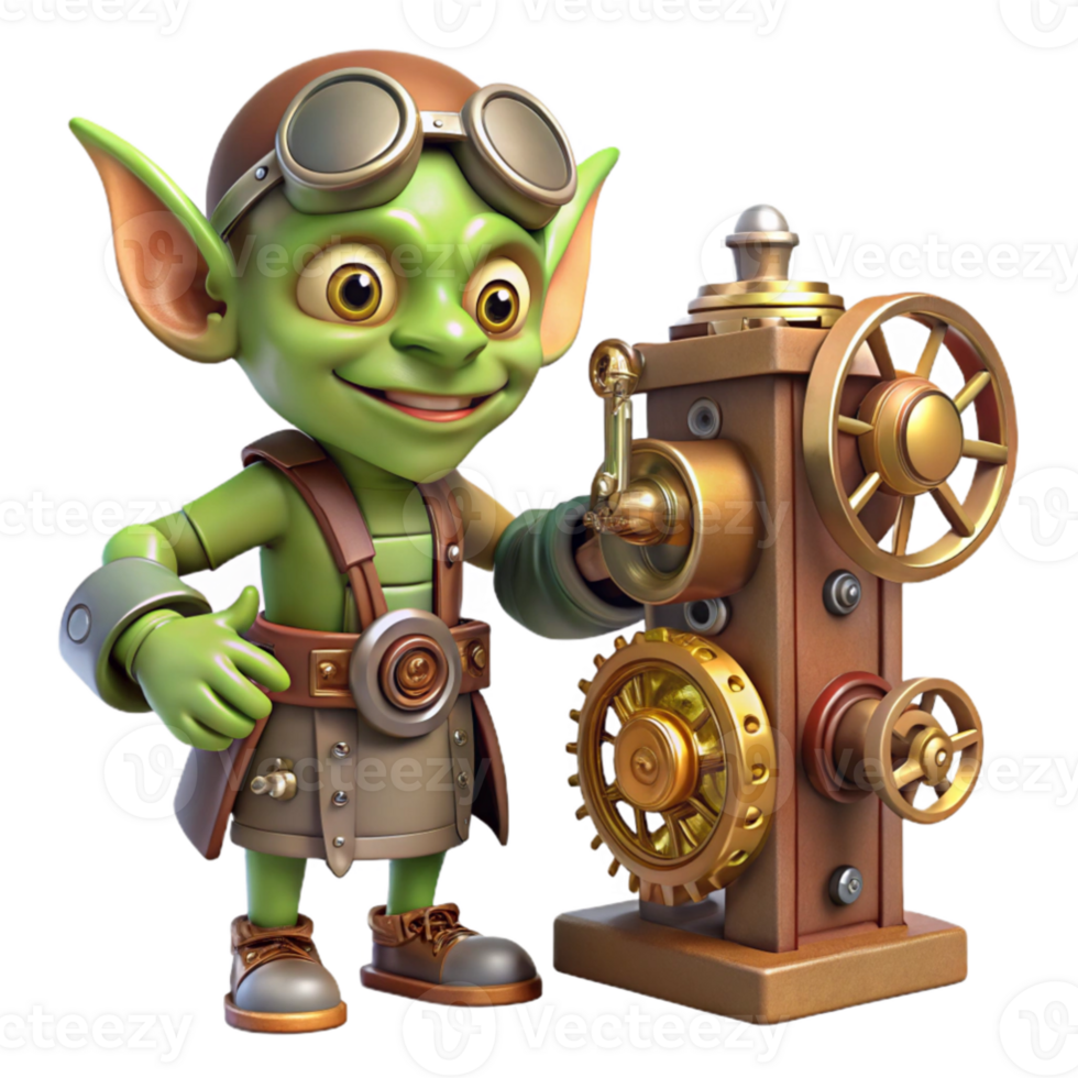 magnificent artistic stunning classic A mischievous goblin tinkering with a complex clockwork contraption in a dimly lit cavern, steampunk style, intricate details authentic 4K png