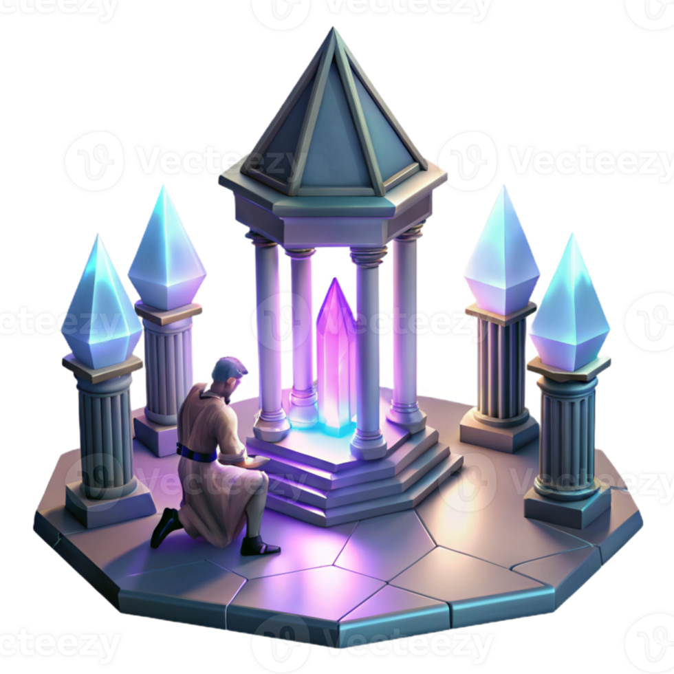 serene artistic extraordinary modern A lone knight kneeling before a glowing crystal altar in a vast, echoing cathedral, dramatic lighting, neoclassical style professional 4K png