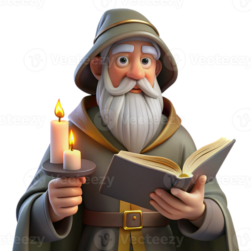 wonderful minimalist extraordinary rustic A wise old wizard with a long white beard studying an ancient tome in his candlelit study, Rembrandt lighting, realistic style authentic professional png