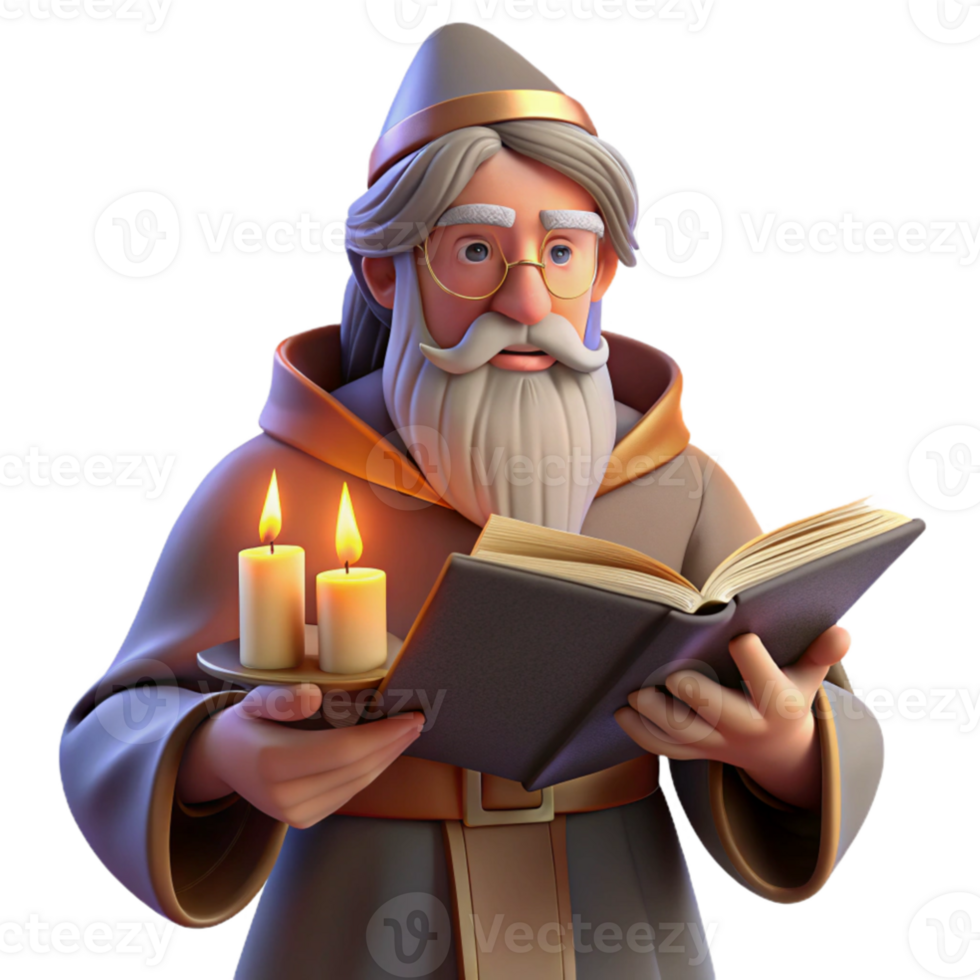 serene modern impressive rustic A wise old wizard with a long white beard studying an ancient tome in his candlelit study, Rembrandt lighting, realistic style authentic authentic png