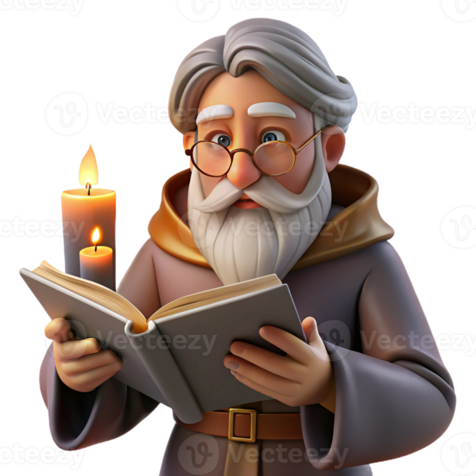 elegant rustic serene vintage A wise old wizard with a long white beard studying an ancient tome in his candlelit study, Rembrandt lighting, realistic style genuine detailed png