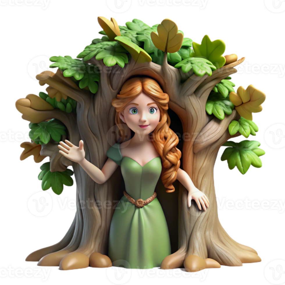 vibrant contemporary beautiful artistic A beautiful dryad emerging from the trunk of a giant oak tree, bathed in dappled sunlight, pre-Raphaelite style premium detailed png