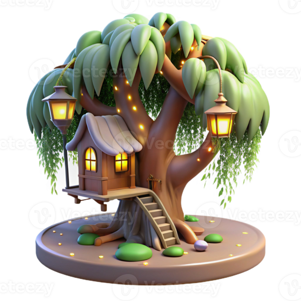 extraordinary minimalist dramatic artistic A whimsical treehouse nestled in the branches of a giant willow tree, glowing with fairy lights, Ghibli Studio style high resolution exclusive png