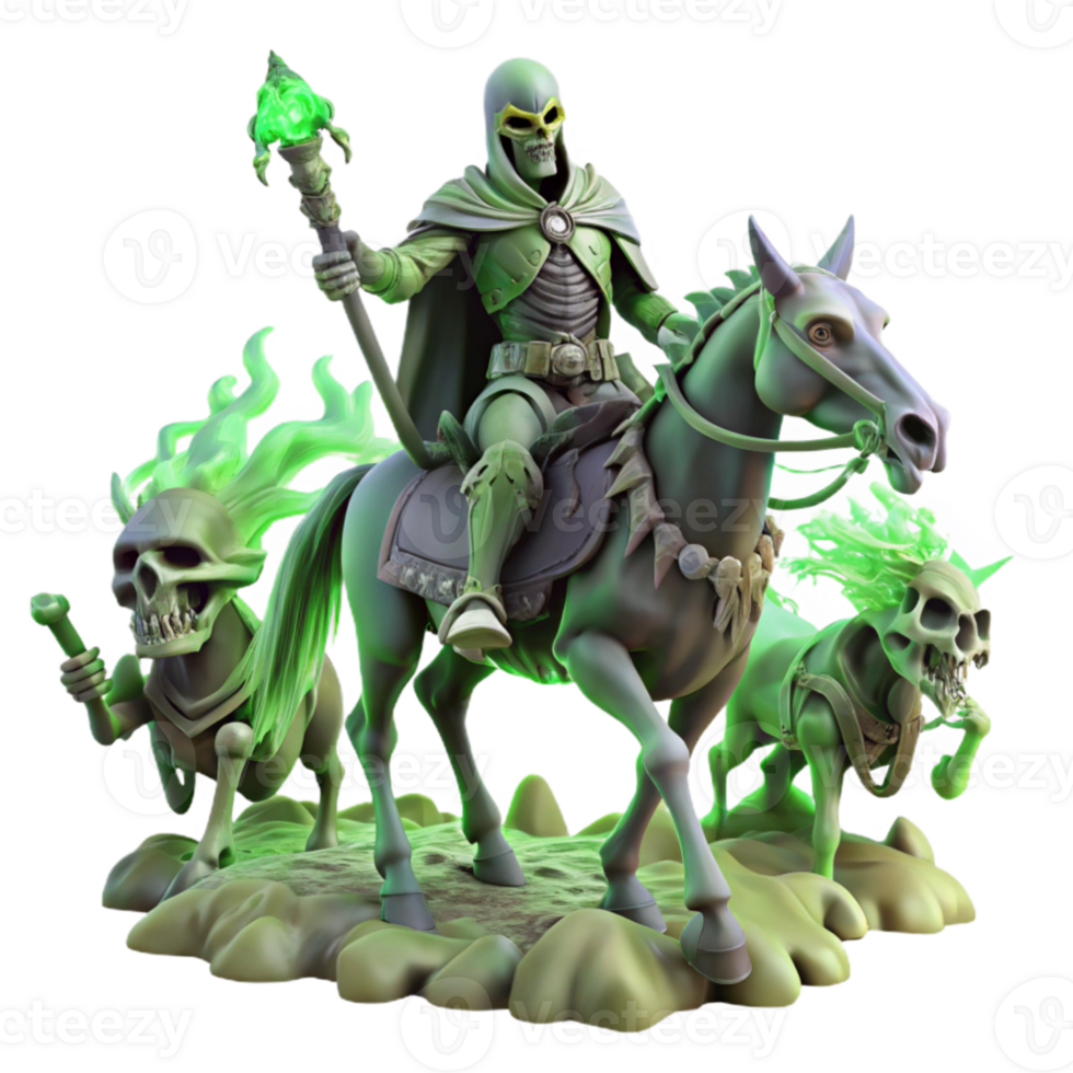 vibrant traditional dramatic abstract A spectral knight riding a skeletal steed across a battlefield strewn with ghostly figures, eerie green lighting, gothic horror style high quality premium png